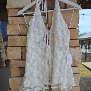 100% Cotton Billy J White Crochet Beach Boho Halter Top Size 10